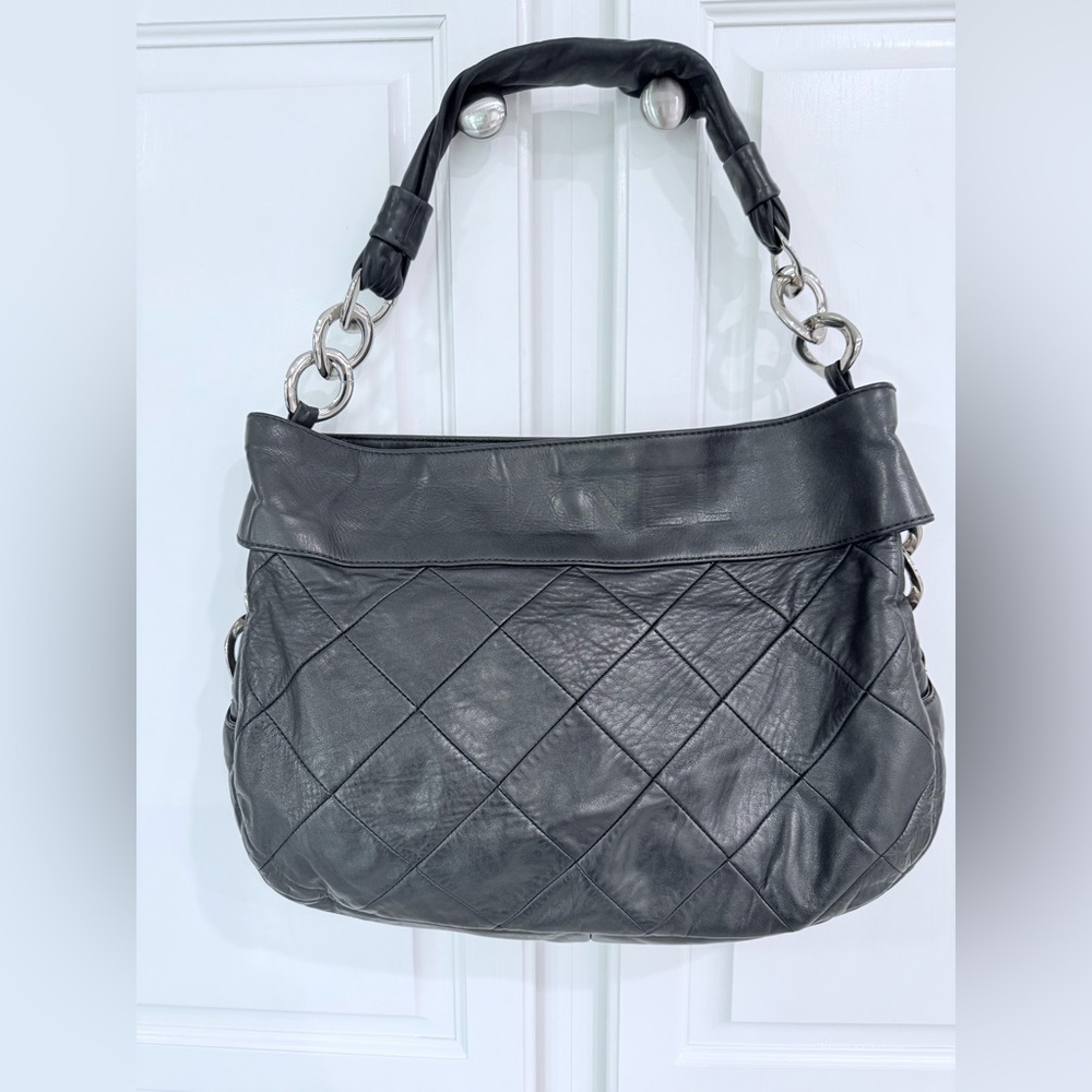 Authentic CHANEL Black Quilted Hobo Bag with Silver Hardware